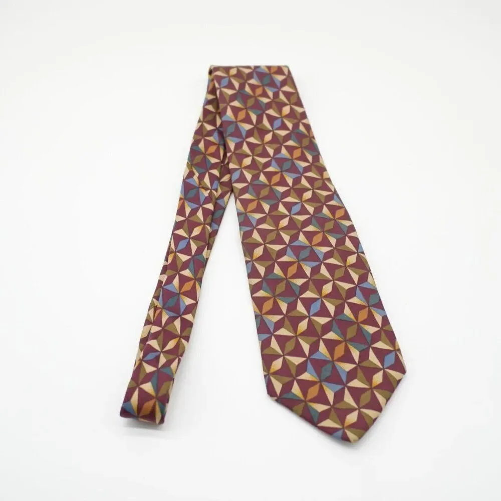 Jos A Bank Executive Red Tan Green Geometric‎ Print Silk Tie